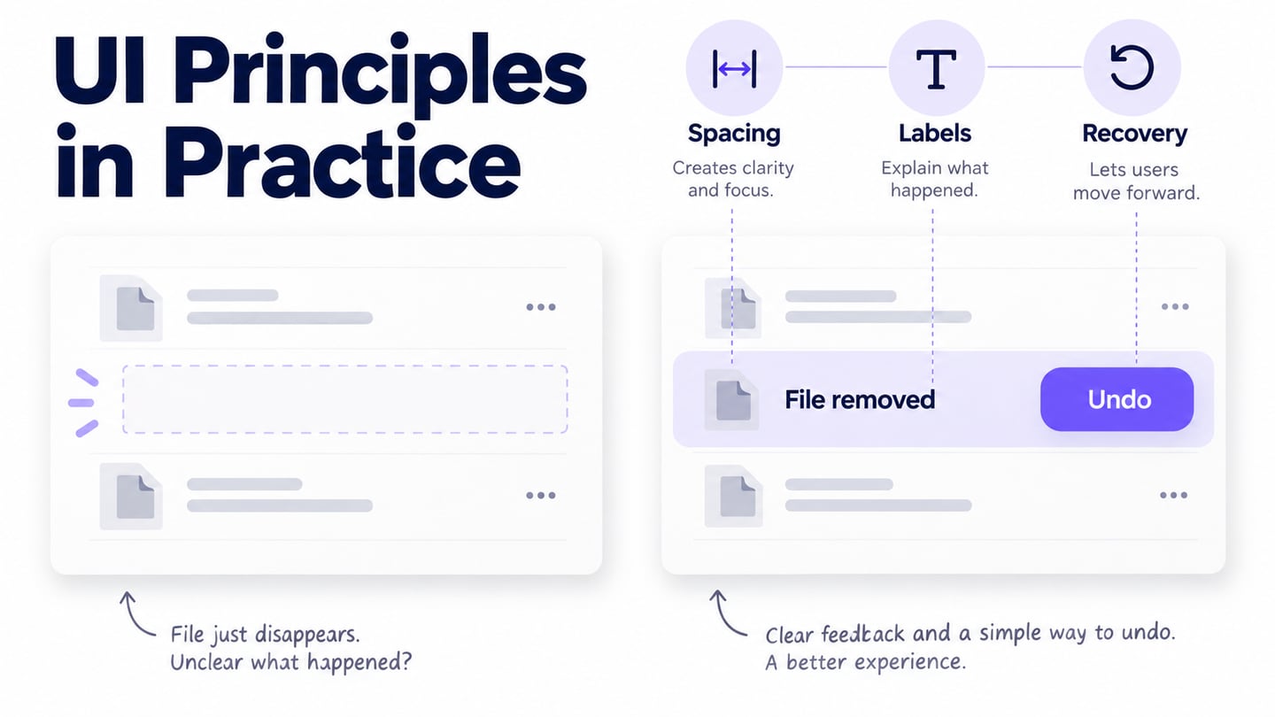 A file-deletion decision illustrates clear hierarchy, status feedback and recovery through Undo.