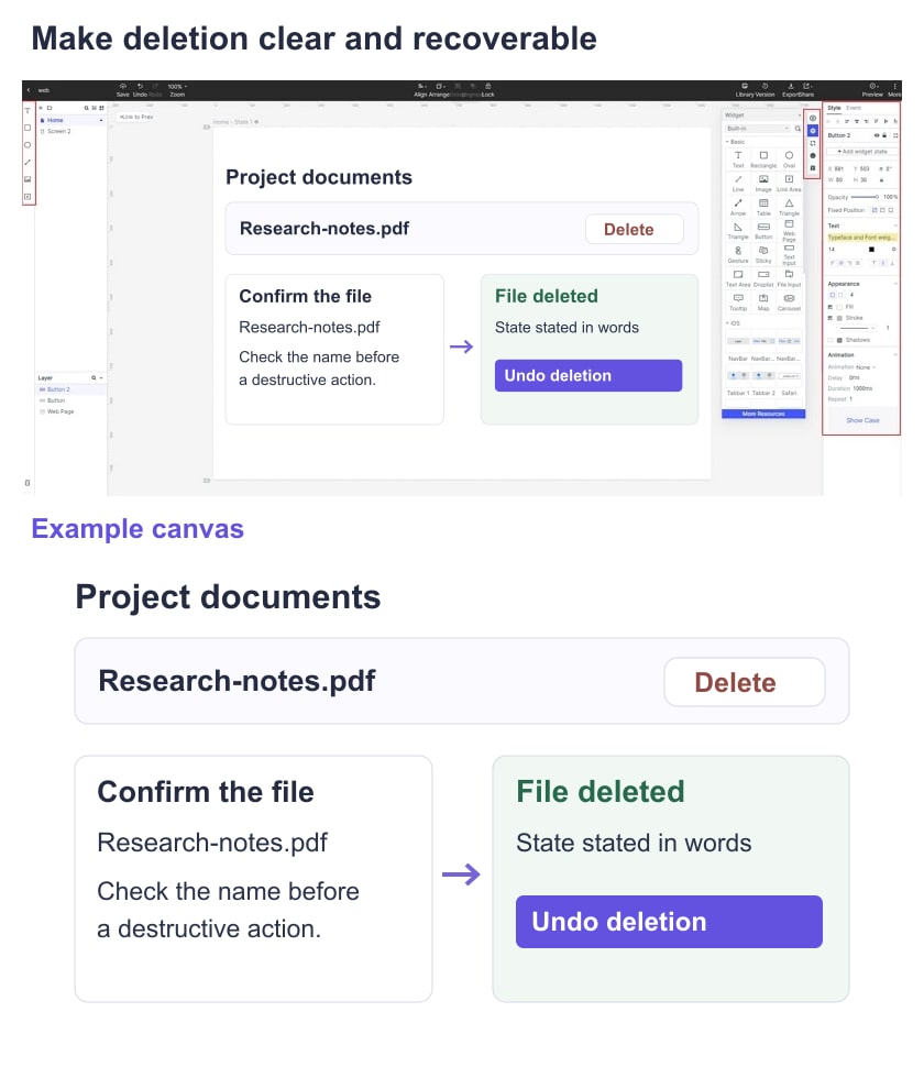Mockitt document-deletion example naming the selected file, confirming the action and offering a labeled Undo recovery state.