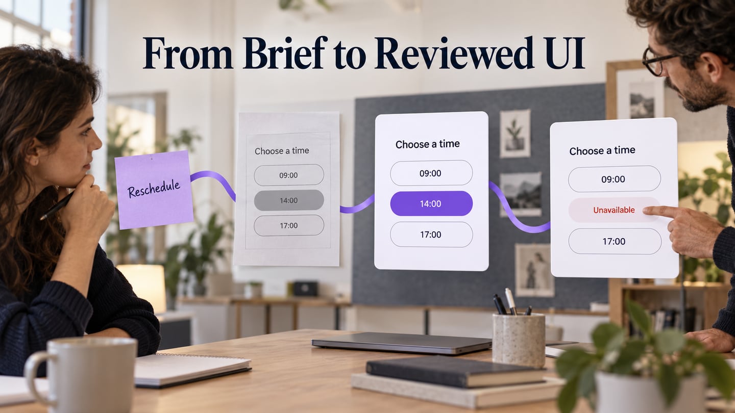 An appointment-rescheduling brief moves through research, wireframes, components, states and handoff.