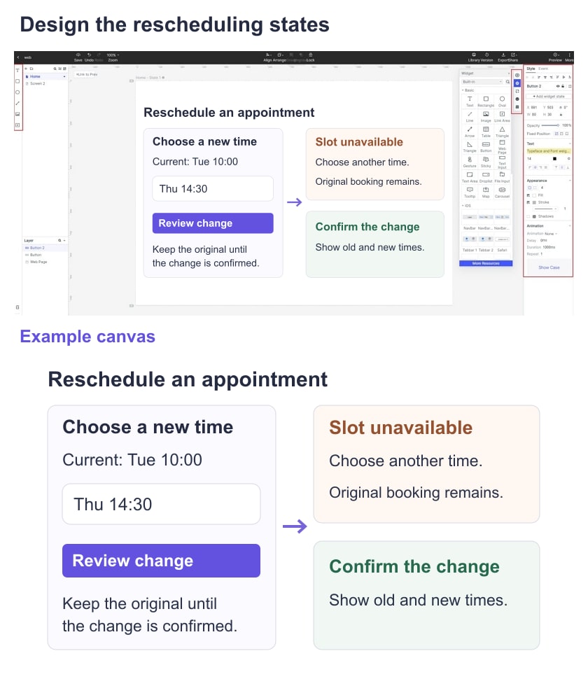 Mockitt rescheduling example with an existing appointment, proposed time, unavailable-slot recovery and confirmation.