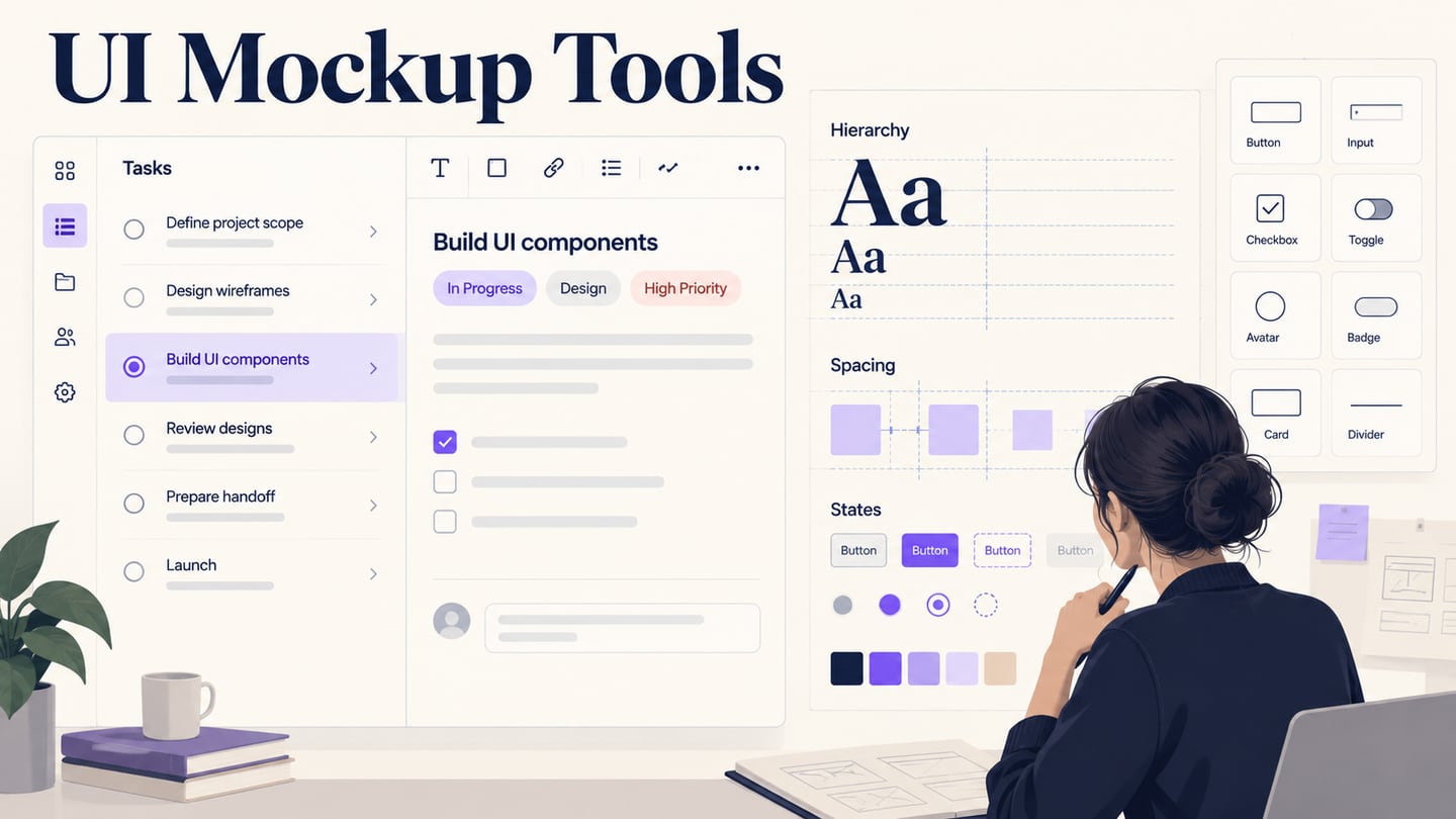 Project-management interface mockup with a selected task, toolbar and reusable component palette.