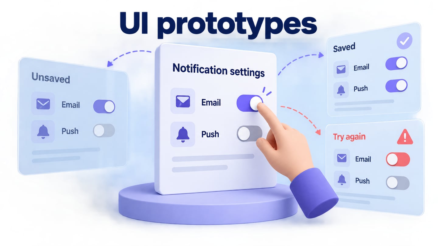 Notification controls connected to unsaved, saved and error-state design cards.