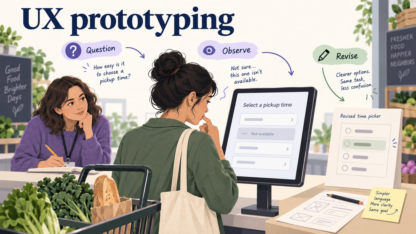 Grocery-pickup prototype connected to a research hypothesis, observation and revised state.