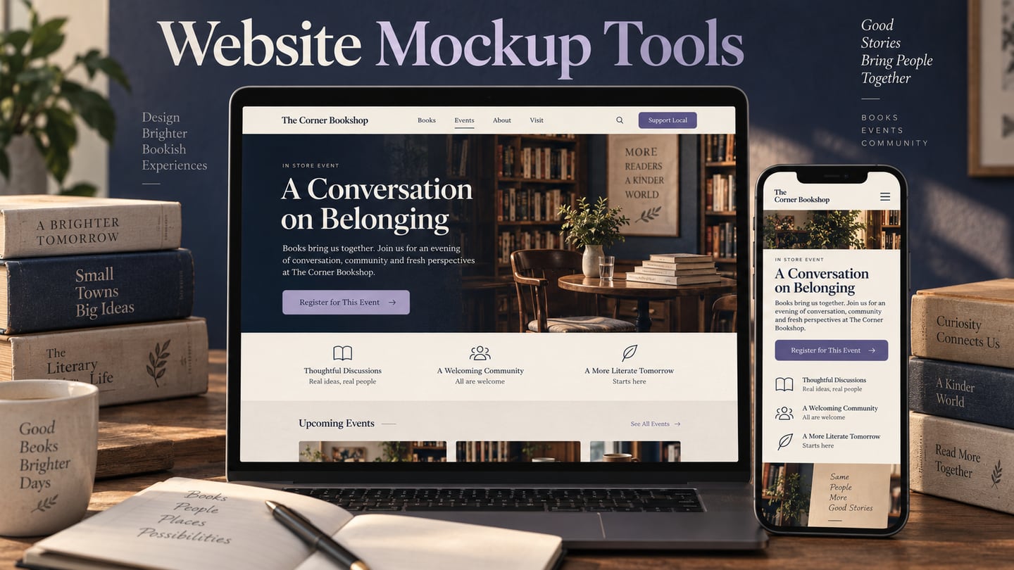 Independent bookstore website shown in desktop and mobile mockups beside physical books.