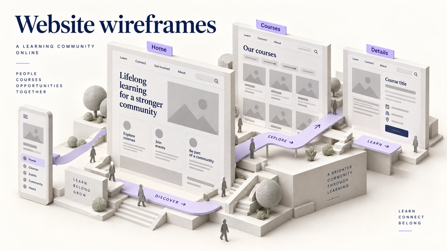 Community learning website wireframes arranged across desktop and mobile page structures.