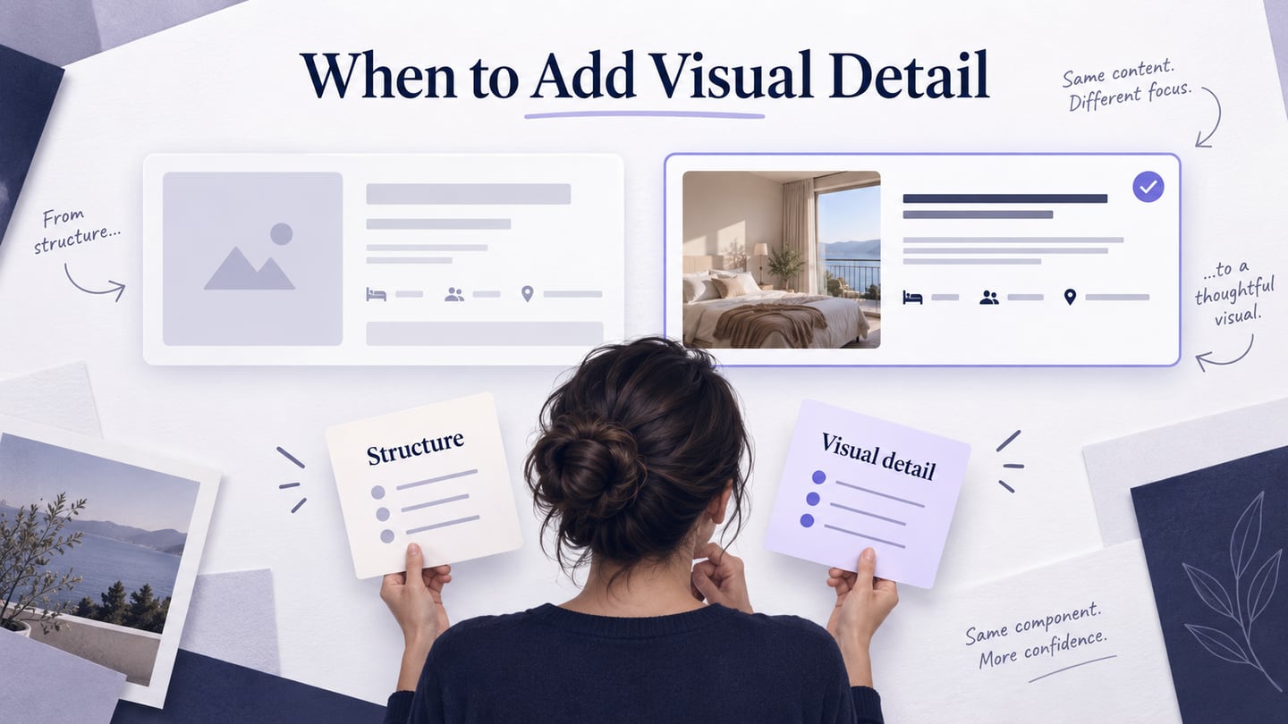 A lodging result card progresses from a structural wireframe to a visual mockup while retaining the same information.