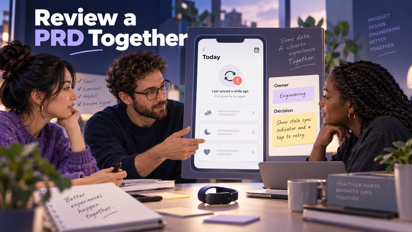 A team reviews a FitTrack requirement with an owner, feedback and an approved change record.