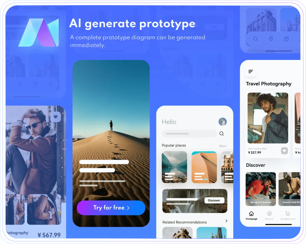 AI-generated mobile prototype examples for travel and shopping apps