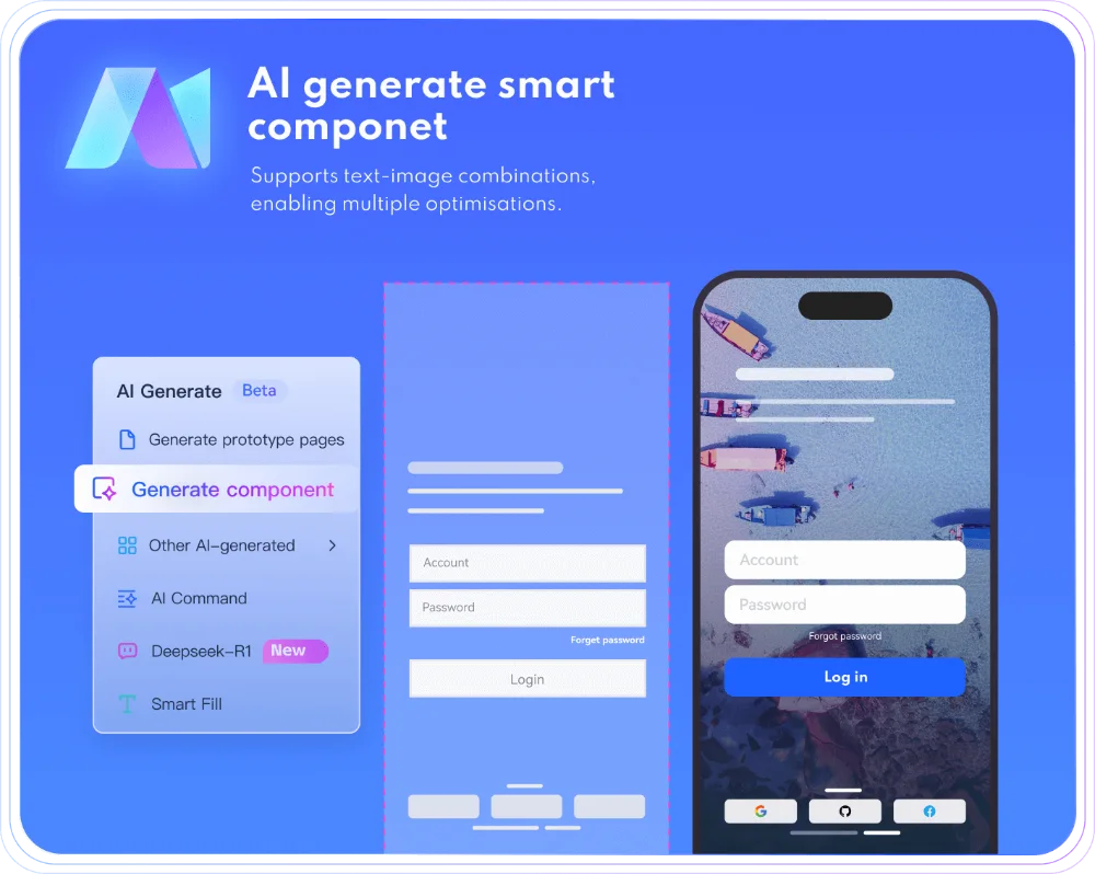 AI component generation showing a wireframe login form and a styled mobile login screen