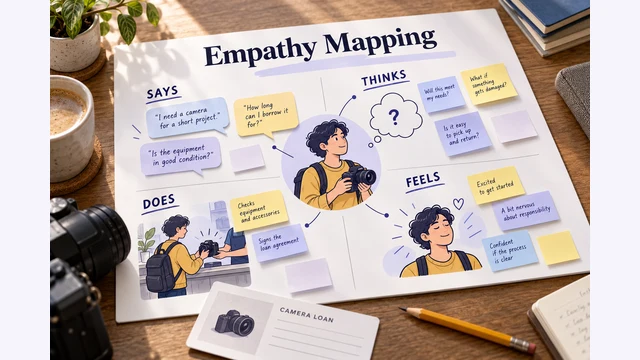 Four empathy-map quadrants connect an equipment borrower’s statements, thoughts, actions and feelings.