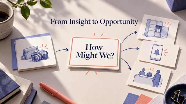 A research observation leads to a How Might We question and several possible responses.
