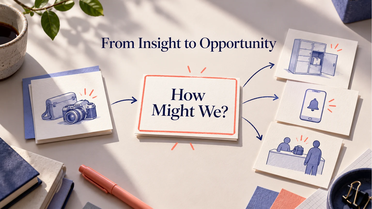 A research observation leads to a How Might We question and several possible responses.