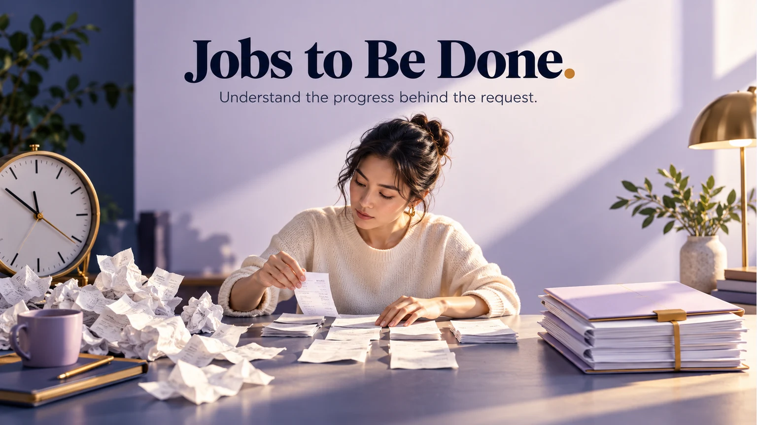 A deadline, scattered receipts, and a complete expense packet illustrate the progress behind a customer job.