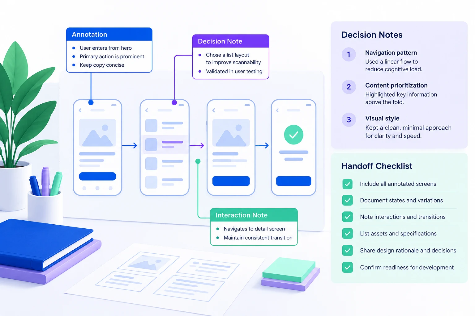 Prototype documentation with annotated screens and handoff notes