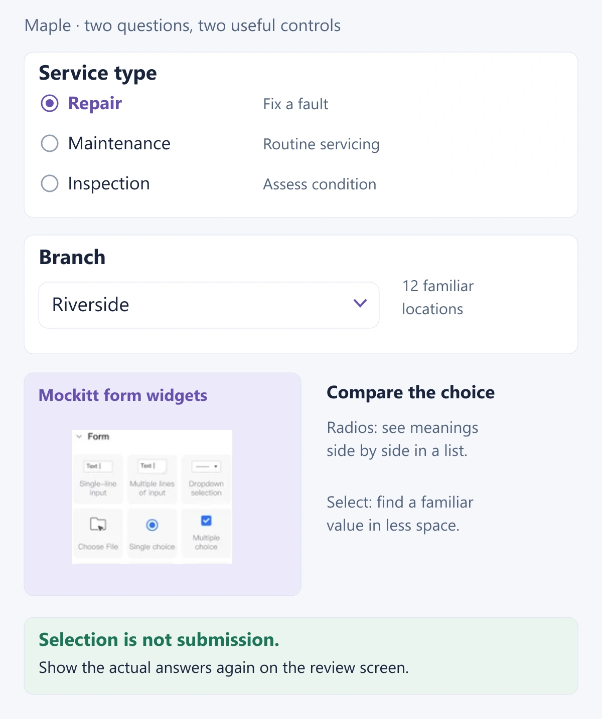 Maple service booking uses visible Repair, Maintenance and Inspection radio options and a Riverside branch select, with a crop of Mockitt form widgets.